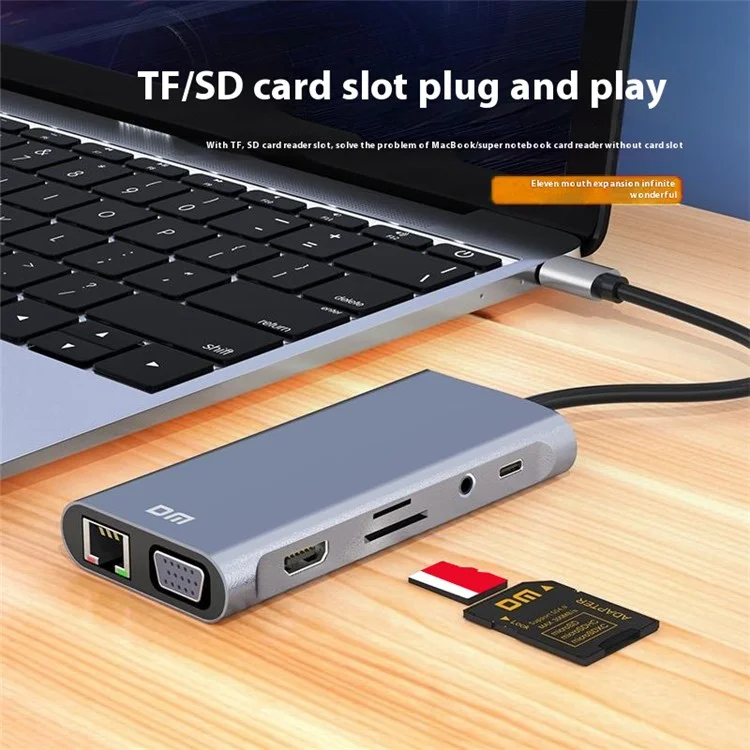 CHB065 11 in 1 Type-C Hub HD VGA Dual Display 4K 30Hz Gigabit Ethernet 4 USB 3.0 Ports PD Charging Adapter