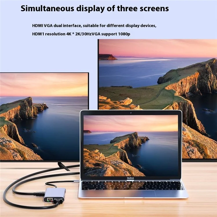 CHB065 11 in 1 Type-C Hub HD VGA Dual Display 4K 30Hz Gigabit Ethernet 4 USB 3.0 Ports PD Charging Adapter