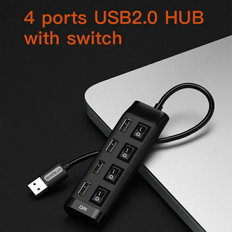 DM CHB005 Concentrateur USB à 4 ports Répartiteur Haute Vitesse avec Interrupteurs Indépendants pour Ordinateur Portable