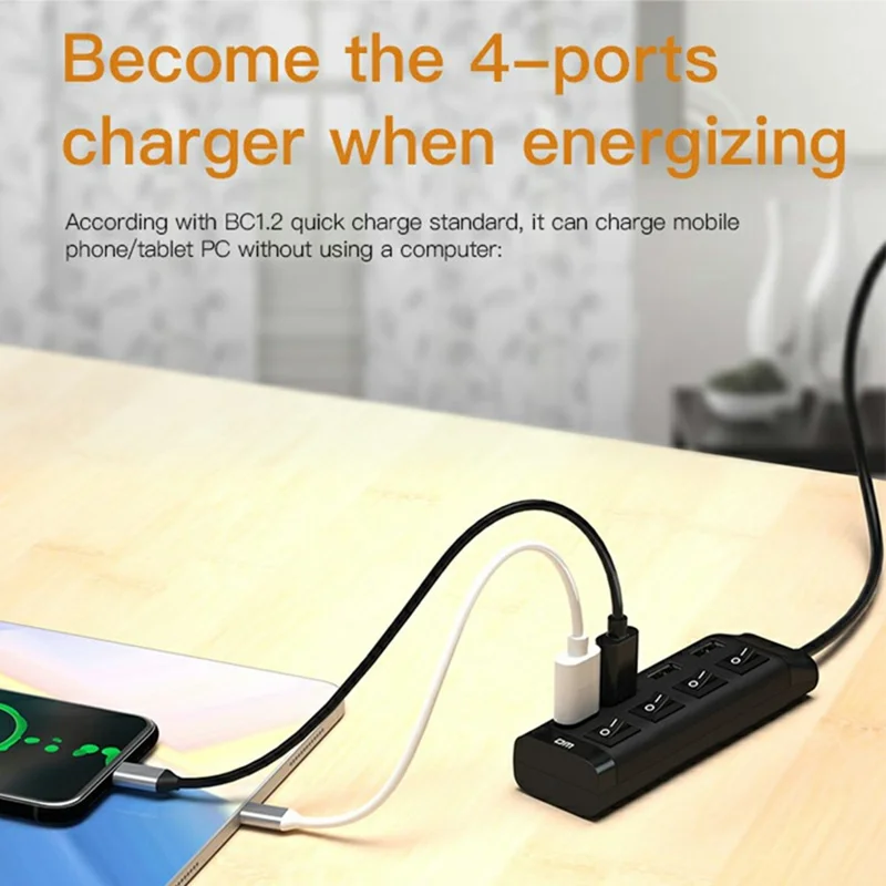 DM CHB005 Concentrateur USB à 4 ports Répartiteur Haute Vitesse avec Interrupteurs Indépendants pour Ordinateur Portable