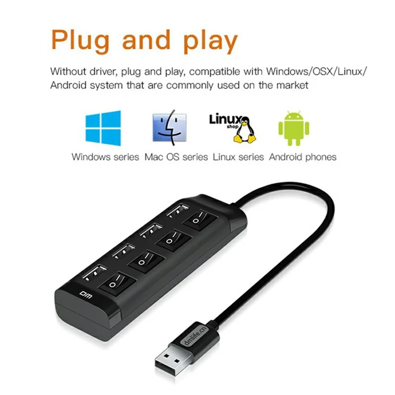 DM CHB005 Concentrateur USB à 4 ports Répartiteur Haute Vitesse avec Interrupteurs Indépendants pour Ordinateur Portable