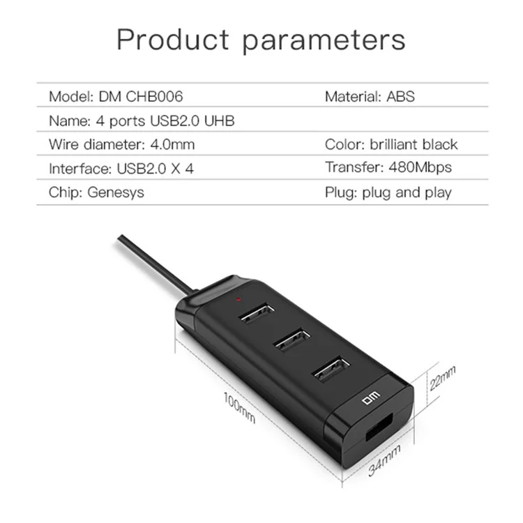 DM CHB006 4 Ports USB 2.0 Extension Hub High Speed Splitter for U Disk / Hard Drive / Mouse / Keyboard