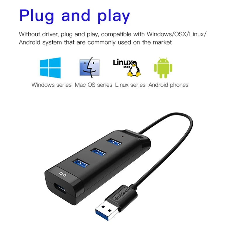 DM CHB007 4 Ports USB 3.0 Hub 5Gbps High Speed Transfer Docking Station with 30cm Cable