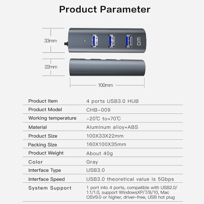 DM CHB009 Portable 4 Ports USB 3.0 Hub Plug and Play High Speed Expansion Adapter