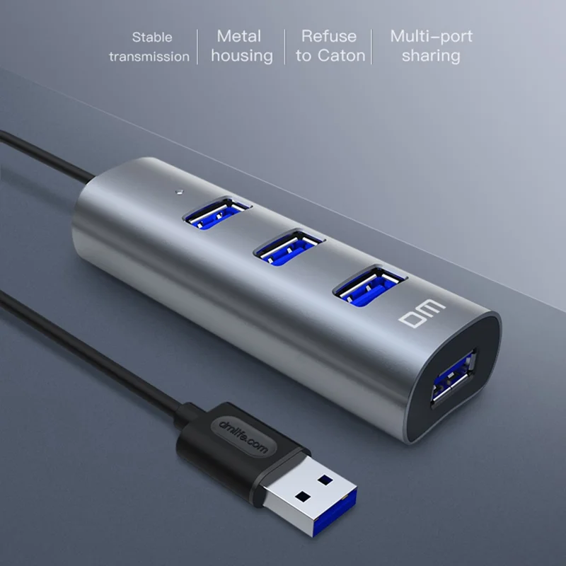 DM CHB009 Portable 4 Ports USB 3.0 Hub Plug and Play High Speed Expansion Adapter