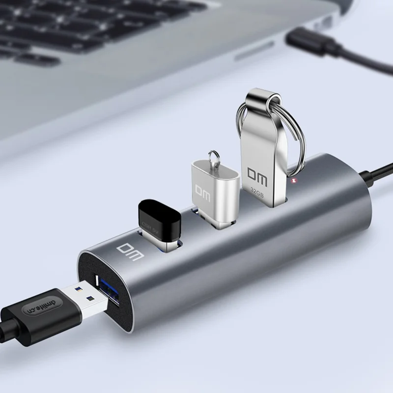 DM CHB009 Portable 4 Ports USB 3.0 Hub Plug and Play High Speed Expansion Adapter