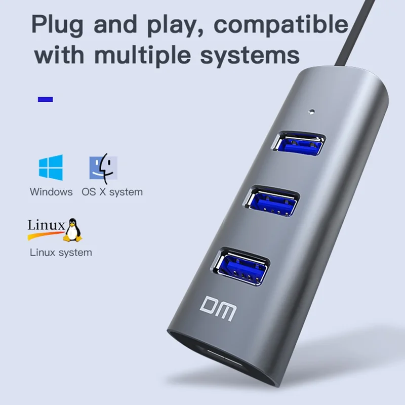 DM CHB009 Portable 4 Ports USB 3.0 Hub Plug and Play High Speed Expansion Adapter