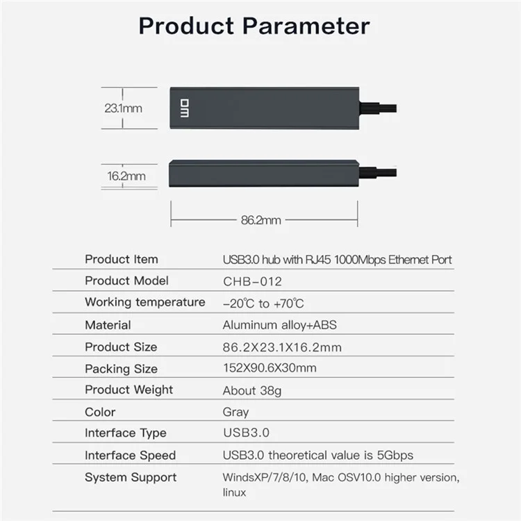 DM CHB012 3 Ports USB 3.0 Hub with Gigabit Ethernet Adapter High Speed Data Transfer Network Adapter