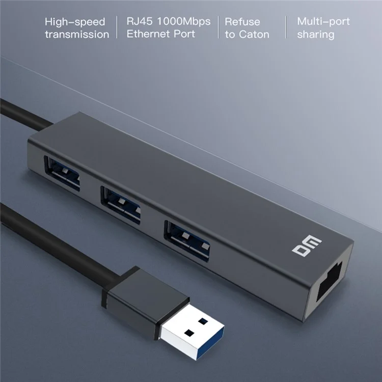 DM CHB012 3 Ports USB 3.0 Hub with Gigabit Ethernet Adapter High Speed Data Transfer Network Adapter