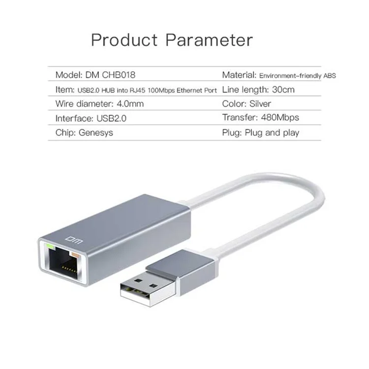 DM CHB018 Adattatore Ethernet USB 2.0 a RJ45 con cavo da 30 cm Convertitore di rete 100 Mbps per laptop