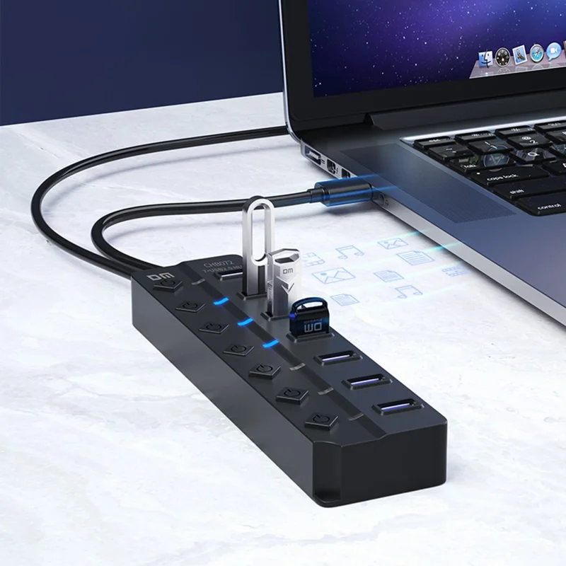 DM CHB072 7 Ports USB 2.0 Hub with Individual Switches High Speed Data Transfer Expansion Dock
