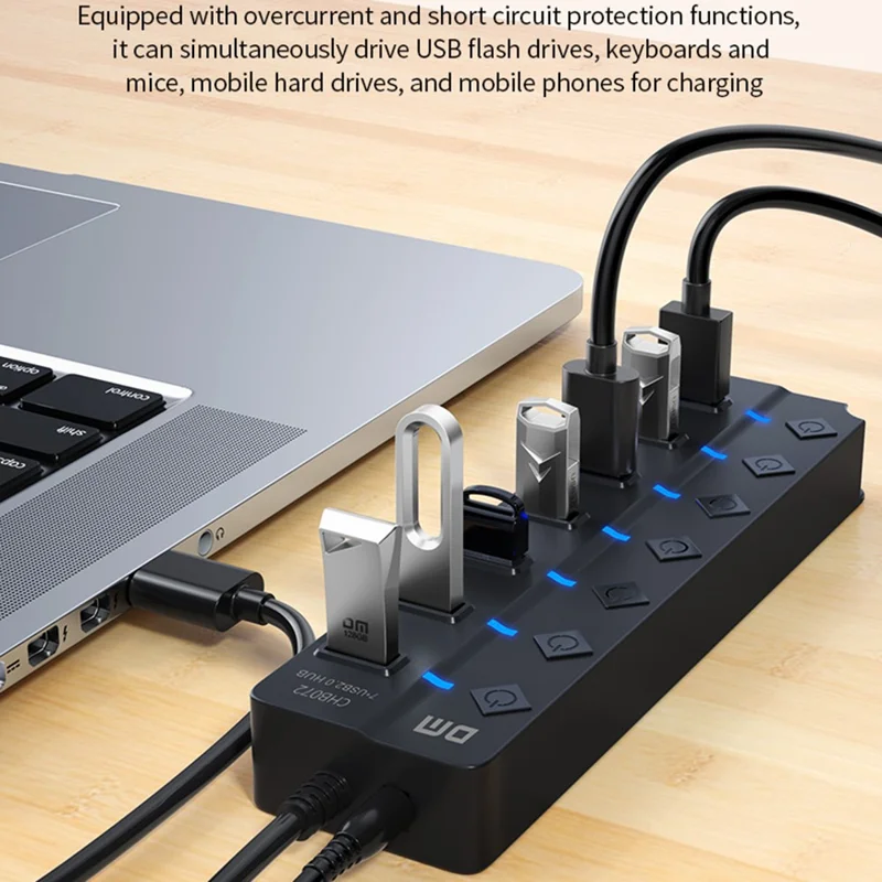 DM CHB072 7 Ports USB 2.0 Hub with Individual Switches High Speed Data Transfer Expansion Dock