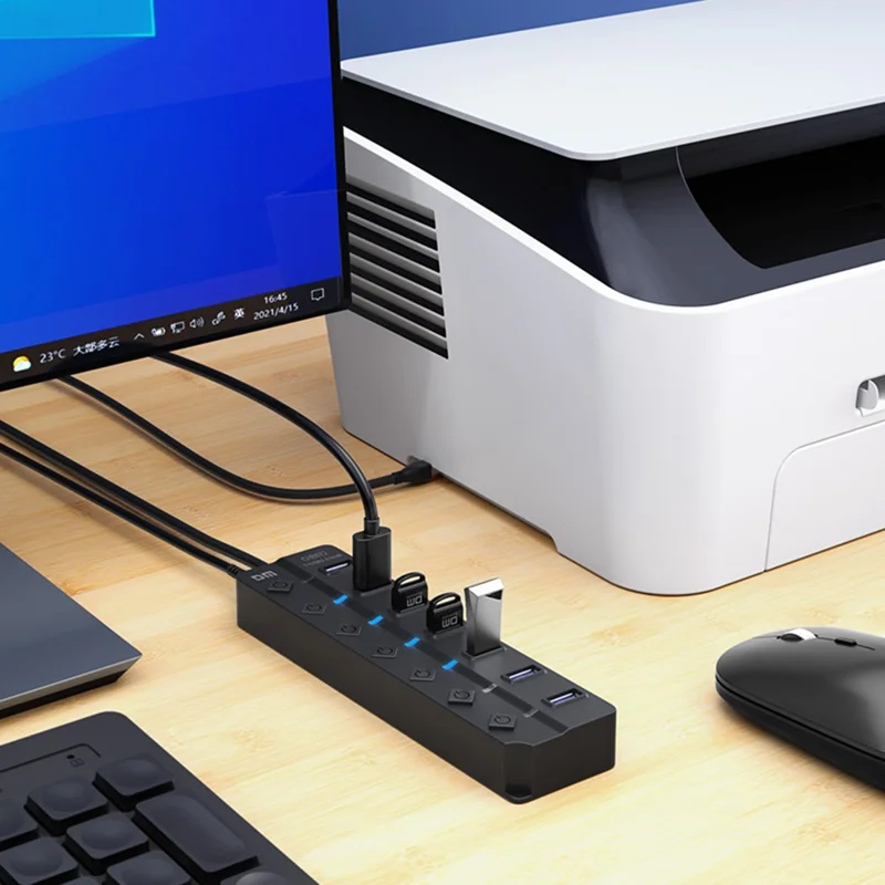 DM CHB072 7 Ports USB 2.0 Hub with Individual Switches High Speed Data Transfer Expansion Dock