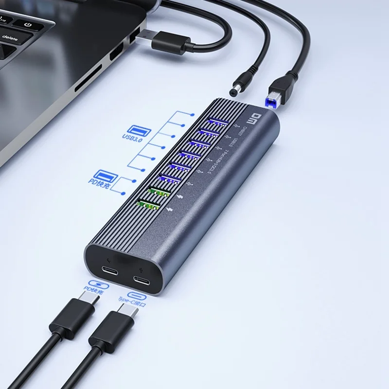 DM CHB027 Portable 10 Ports USB 3.0 Hub with PD 18W Fast Charging Port Expansion Dock