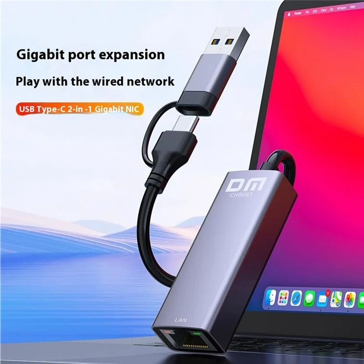 DM CHB083 Gigabit Ethernet Hub USB Type-C 2-in-1 Network Adapter 1000Mbps For Gaming Streaming Office