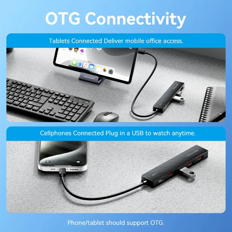 Hub USB VENTION CHJBB 3.2 Gen 2 com 4 Portas USB-A + 1 Porta Tipo C para Transferência de Dados de 10Gbps
