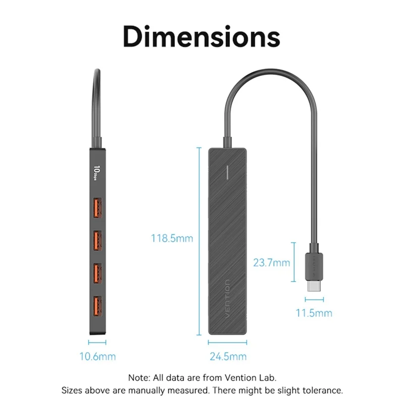 Hub USB VENTION CHJBB 3.2 Gen 2 com 4 Portas USB-A + 1 Porta Tipo C para Transferência de Dados de 10Gbps