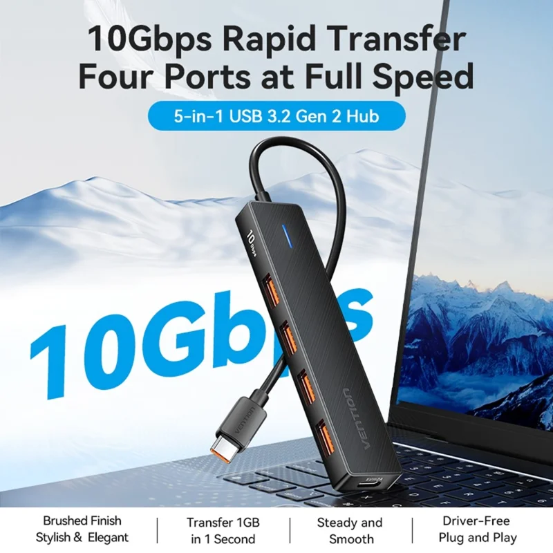 Hub USB VENTION CHJBB 3.2 Gen 2 com 4 Portas USB-A + 1 Porta Tipo C para Transferência de Dados de 10Gbps