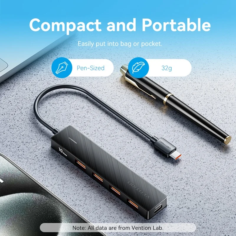 Hub USB VENTION CHJBB 3.2 Gen 2 com 4 Portas USB-A + 1 Porta Tipo C para Transferência de Dados de 10Gbps