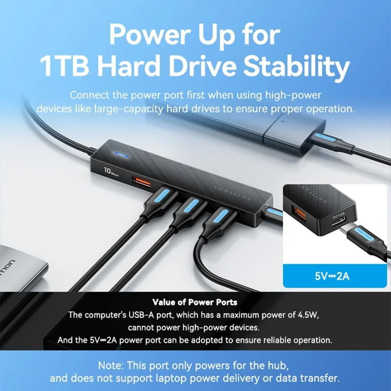 Hub USB VENTION CHJBB 3.2 Gen 2 com 4 Portas USB-A + 1 Porta Tipo C para Transferência de Dados de 10Gbps