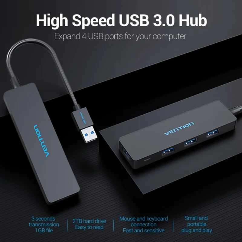 VENTION CHKBB 4 Ports USB 3.0 Hub High Speed Data Transfer Docking Station for Desktop PC / Laptop