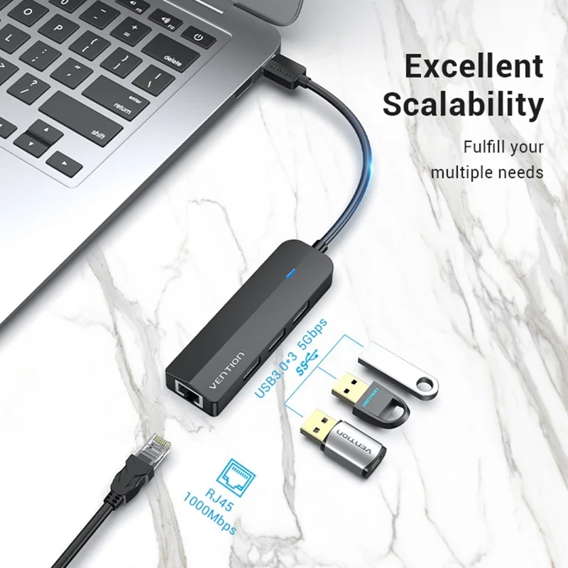VENTION CHNBB Station d'accueil USB Hub 5 en 1 : 3 ports USB 3.0 + Ethernet Gigabit avec port d'alimentation Micro USB