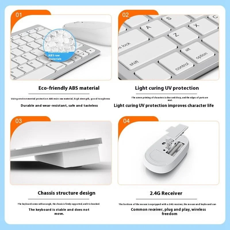B666+MS-800 Set Tastiera e Mouse Bluetooth Wireless Silenziosi per iOS / Android / Windows - Bianco