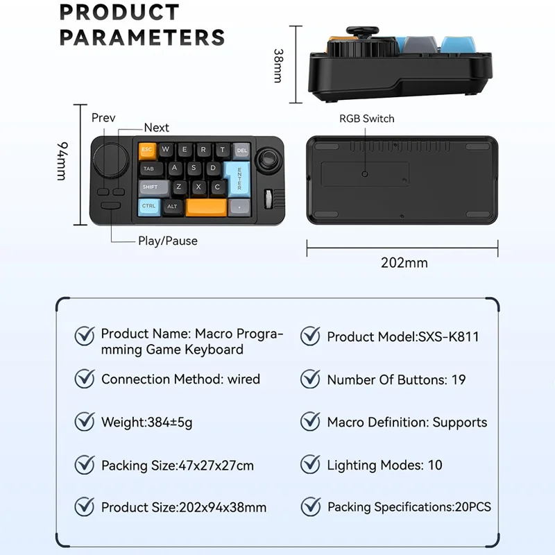 Teclado Gaming K811 de 19 Teclas con Retroiluminación RGB - Mecánico Programable - Negro