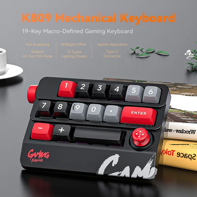 MKESPN K809 Mechanical Gaming Keyboard Macro Keys RGB Backlit Hot-Swappable Keypad with Type-C Detachable Cable - Black