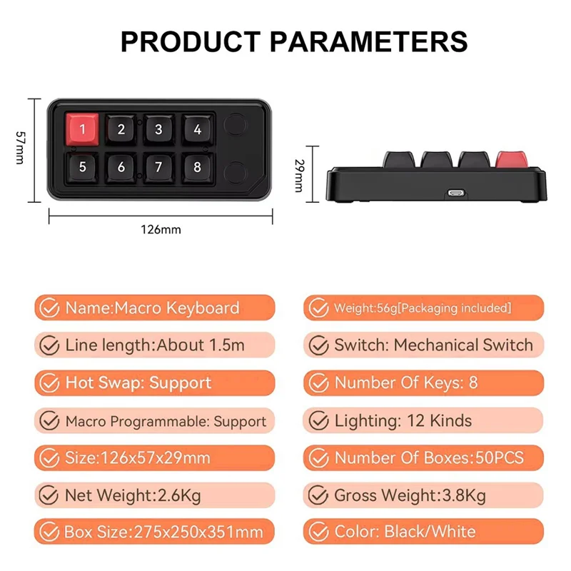 MKESPN K815B 8-Key RGB Mechanical Numeric Keyboard Hot-Swappable Compact Gaming Keypad - Red / Black