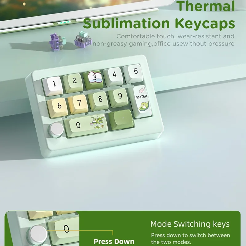 MKESPN W908 2.4GHz Wireless / Wired / Bluetooth-Compatible Mechanical Mini Keyboard Programmable RGB Backlit 12-Key Numpad - Green