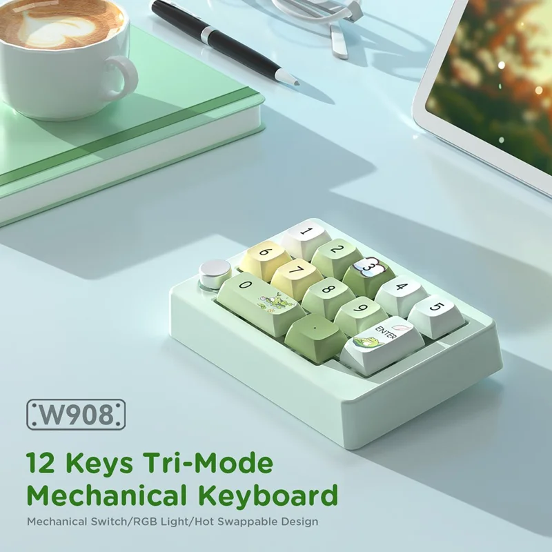 MKESPN W908 2.4GHz Wireless / Wired / Bluetooth-Compatible Mechanical Mini Keyboard Programmable RGB Backlit 12-Key Numpad - Green