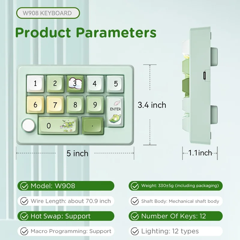 MKESPN W908 2.4GHz Wireless / Wired / Bluetooth-Compatible Mechanical Mini Keyboard Programmable RGB Backlit 12-Key Numpad - Black