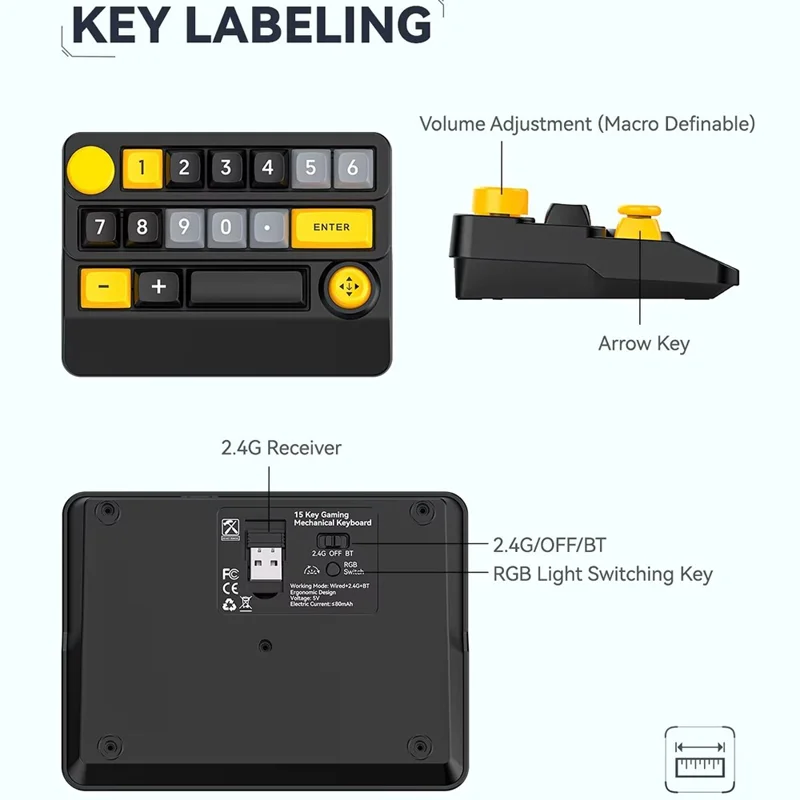 MKESPN W909 15 Keys Mechanical Gaming Keyboard Wireless / Bluetooth-Compatible / Wired RGB Backlit Keypad - Black