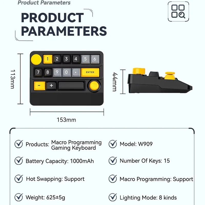 MKESPN W909 15 Keys Mechanical Gaming Keyboard Wireless / Bluetooth-Compatible / Wired RGB Backlit Keypad - Yellow