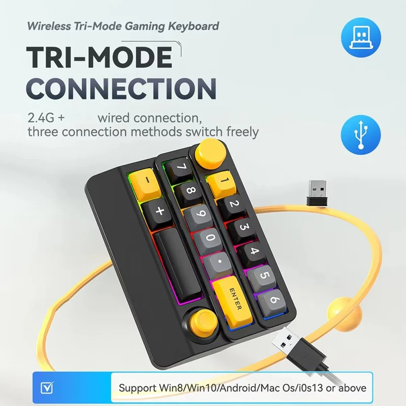 MKESPN W909 15 Keys Mechanical Gaming Keyboard Wireless / Bluetooth-Compatible / Wired RGB Backlit Keypad - Yellow