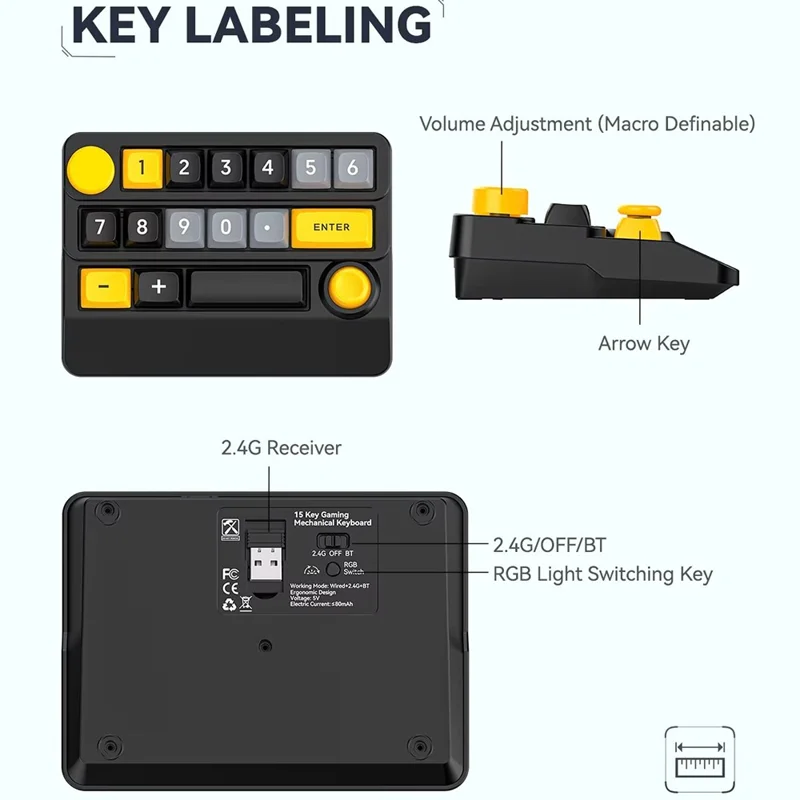 MKESPN W909 15 Keys Mechanical Gaming Keyboard Wireless / Bluetooth-Compatible / Wired RGB Backlit Keypad - Yellow