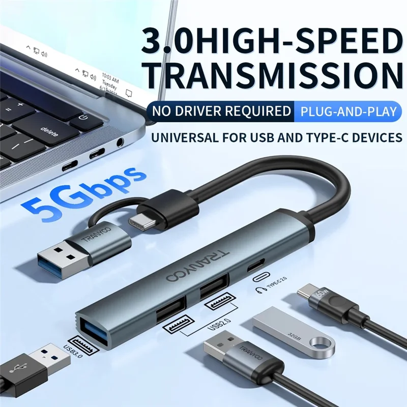 TRANYOO HB11-AC Multifunction Expansion Hub 2 in 1 USB A + Type C to USB 3.0 / 2.0 + Type C 2.0 Docking Station