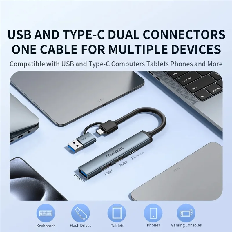 TRANYOO HB11-AC Multifunction Expansion Hub 2 in 1 USB A + Type C to USB 3.0 / 2.0 + Type C 2.0 Docking Station