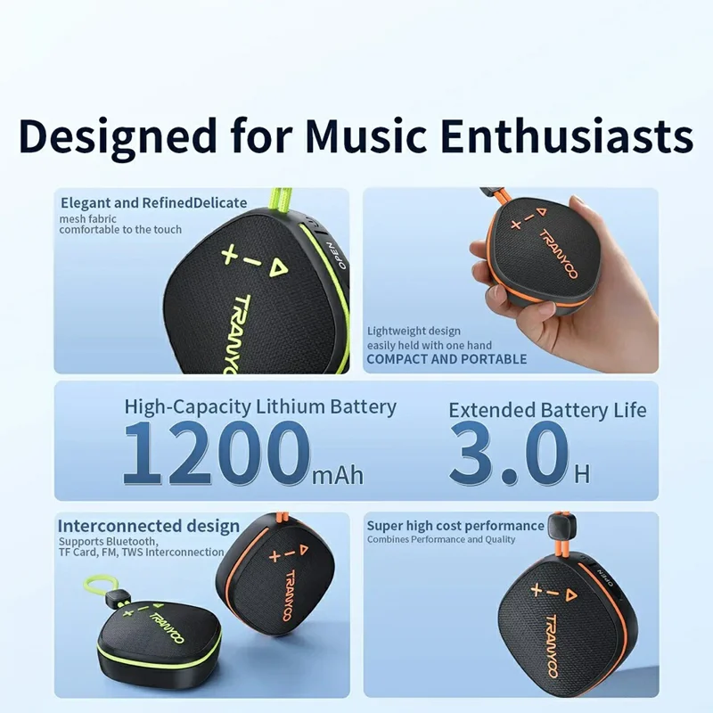 TRANYOO T-B16 Altoparlante Bluetooth Portatile per Esterno con Radio FM e Scheda TF Wireless TWS - Nero+Verde