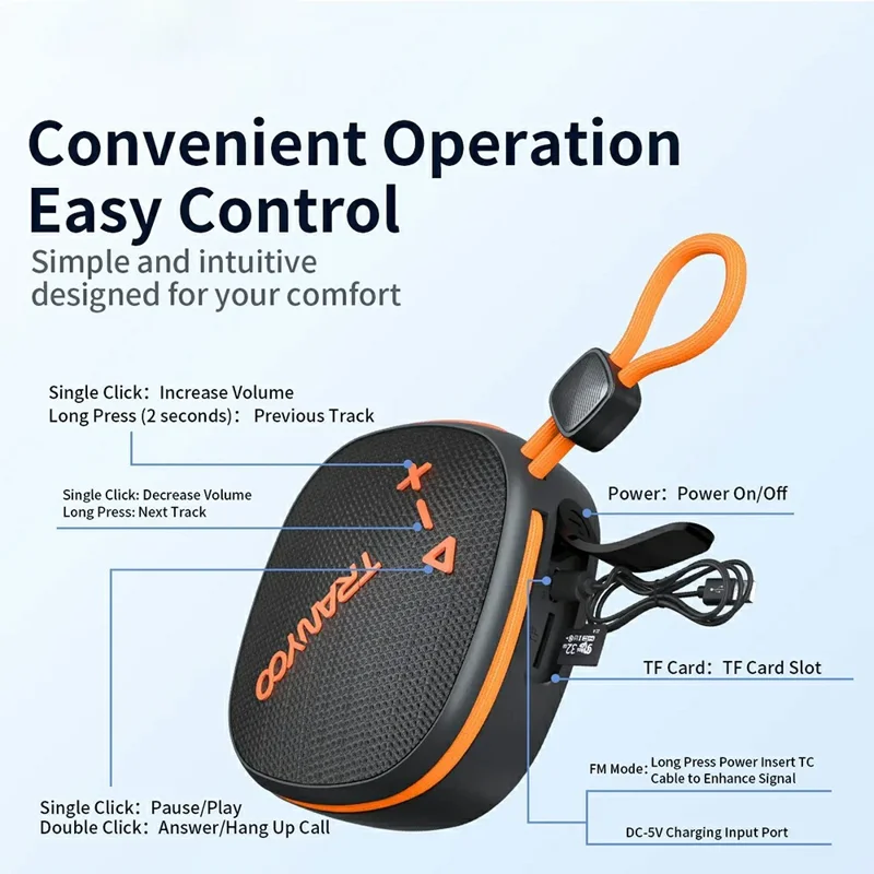 TRANYOO T-B16 Alto-falante Portátil Bluetooth para Uso Externo com Rádio FM e Cartão TF - Preto+Laranja
