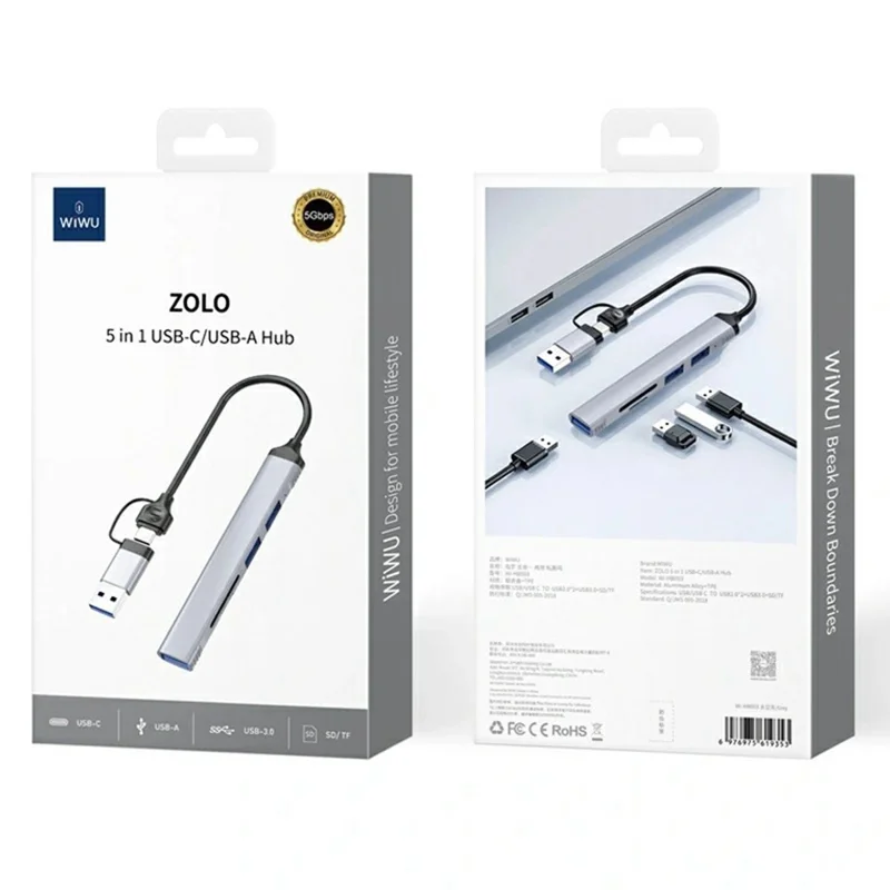 WIWU HB003 5 in 1 Multifunction Hub USB + Type C to USB 3.0 / 2x USB 2.0 / SD and TF Card Reader Expansion Dock