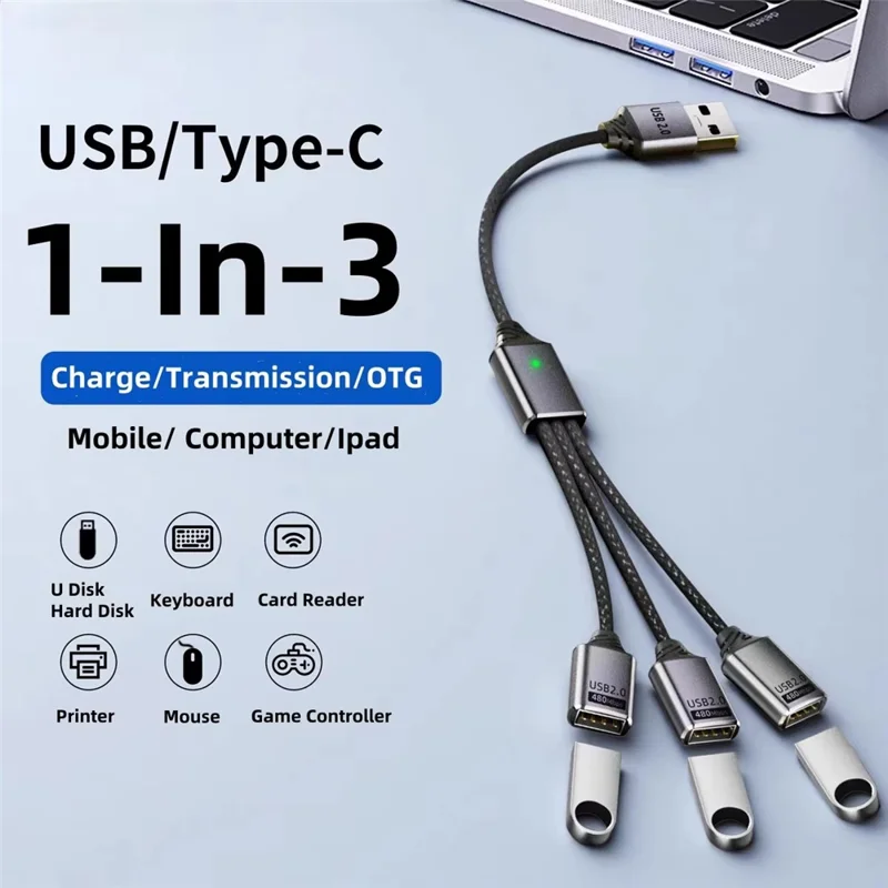 3 in 1 USB Hub Splitter 3 Port USB Expansion Cable High Speed Data Transfer Charging Splitter