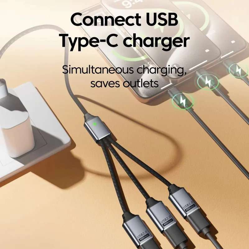 3 in 1 USB Hub Splitter 3 Port USB Expansion Cable High Speed Data Transfer Charging Splitter