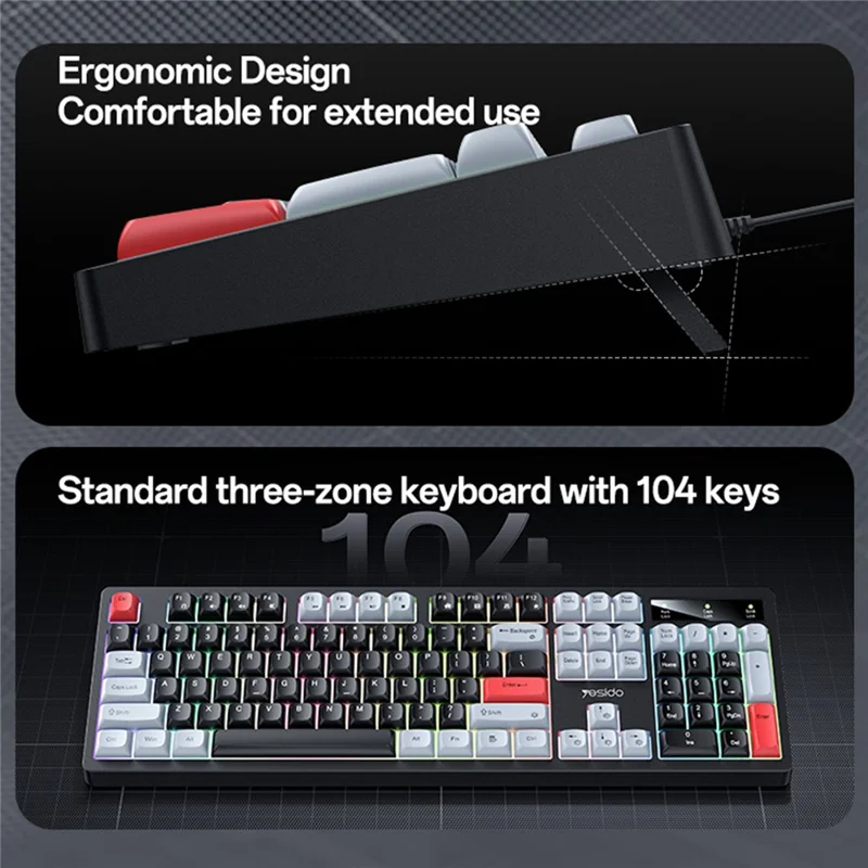 YESIDO KB44 104 Klawiszy Przewodowa Klawiatura z Podświetleniem RGB, Cicha Klawiatura Mechaniczna, Wersja Angielska + Arabska