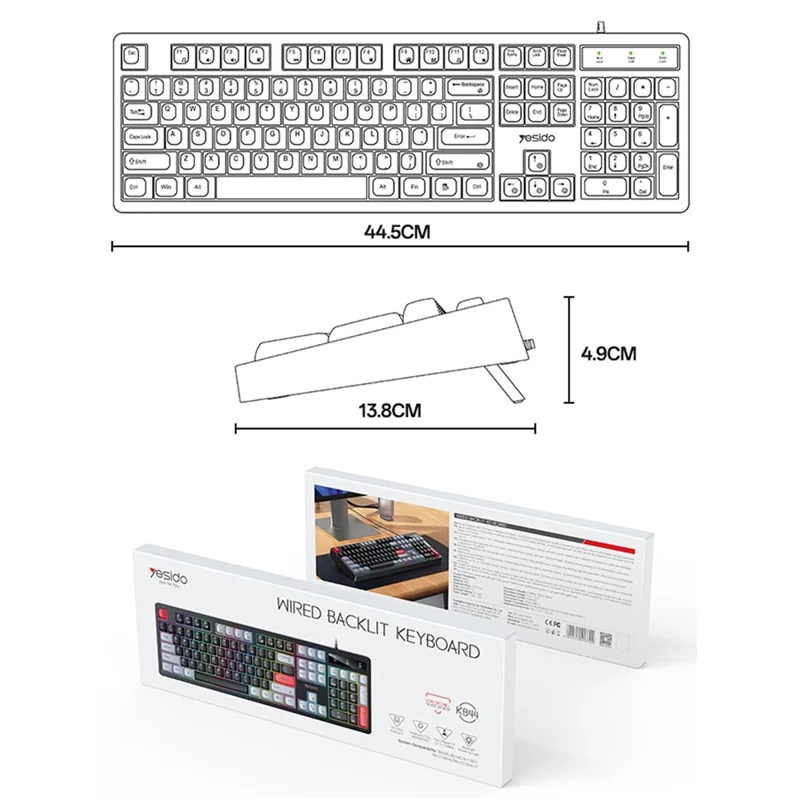 YESIDO KB44 104 Klawiszy Przewodowa Klawiatura z Podświetleniem RGB, Cicha Klawiatura Mechaniczna, Wersja Angielska + Arabska