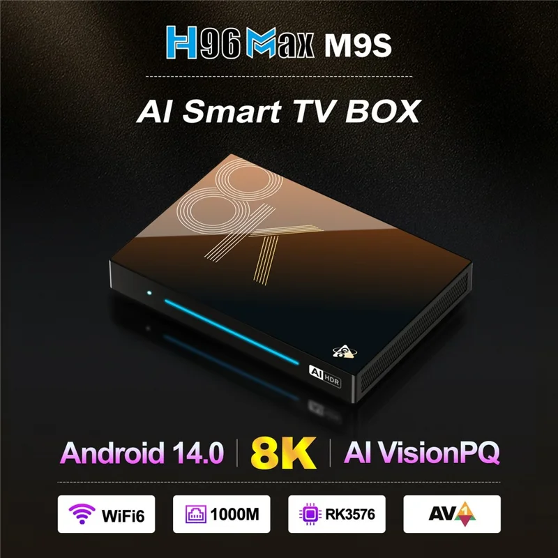 H96 MAX M9S Android 14.0 TV Box 4GB RAM + 32GB ROM 8K Ultra HD Streaming Device 1000M LAN WiFi 6 BT5.4 - US Plug
