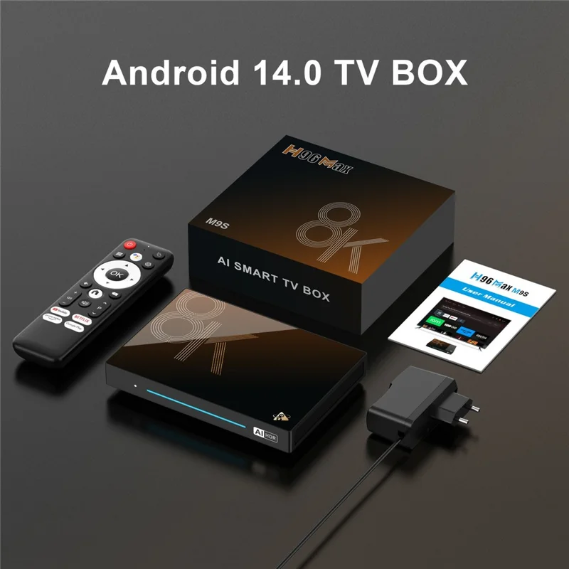 H96 MAX M9S Android 14.0 TV-Box 8GB RAM + 128GB ROM 8K Ultra HD Streaming-Gerät 1000M LAN WLAN 6 BT5.4 - UK-Stecker