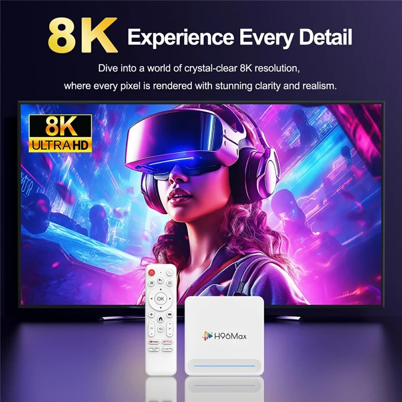 Boîtier Android TV H96 Max H618 Plus 2+16 Go WiFi 6 Bluetooth Compatible 8K Ultra HD Smart TV - Blanc / Prise US