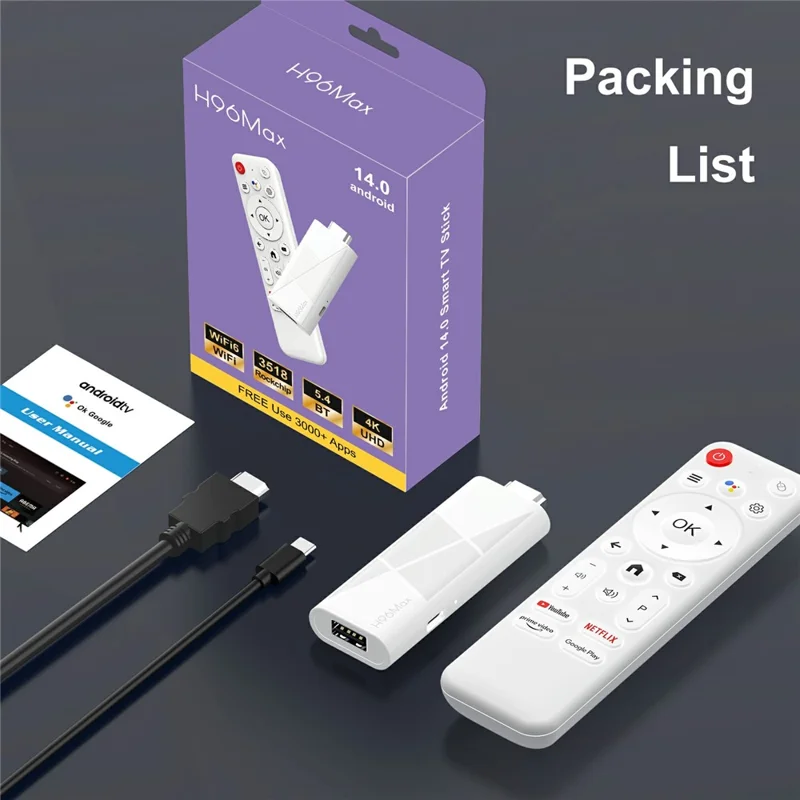 H96 MAX RK3518 2+16GB Android 14.0 TV Stick 4K Smart TV Box WiFi Bluetooth-Compatible Mini TV Stick - White
